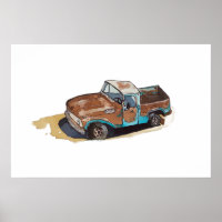 Waterverf van een roestige oude pick-up truck