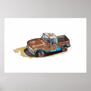 Waterverf van een roestige oude pick-up truck poster