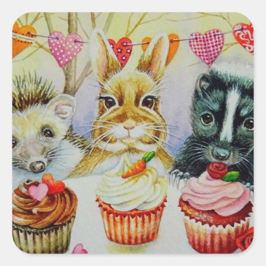 Waterverf van egel Rabbit Skunk & Cupcakes Art Vierkante Sticker (Voorkant)