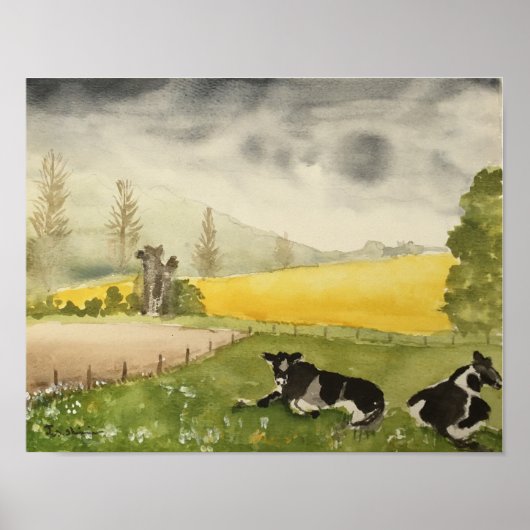 Waterverf van Engelse landvelden en Koeien Poster (Voorkant)