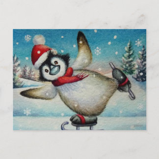 Waterverf van gedenkpenguin-ijsschaatsen briefkaart