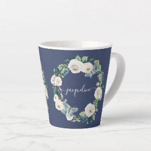 Waterverf van gepersonaliseerde naam Navy Floral B Latte Mok