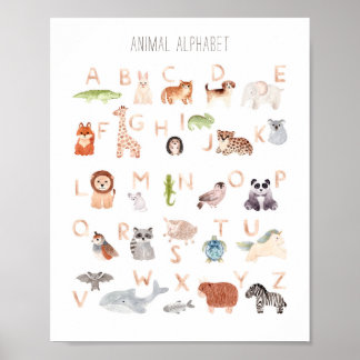 Waterverf van het dierlijke abc kinder alfabet. Ku Poster