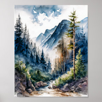 Waterverf van het landschap van het bergbos poster