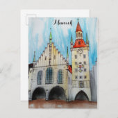Waterverf van het oude stadhuis in München Duitsla Briefkaart (Voorkant / Achterkant)