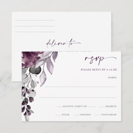 Waterverf van het Paarse Plum Wedding Floral Folia RSVP Kaartje (Voorkant / Achterkant)