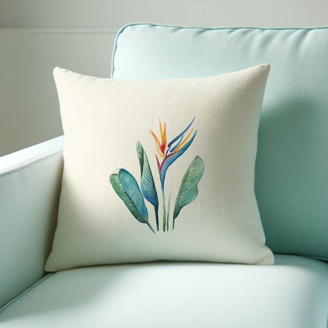 Waterverf van het Paradijs Kussen (Tropical decor bird of paradise pillow watercolor art by Victoria Grigaliunas Do Tell A Belle)