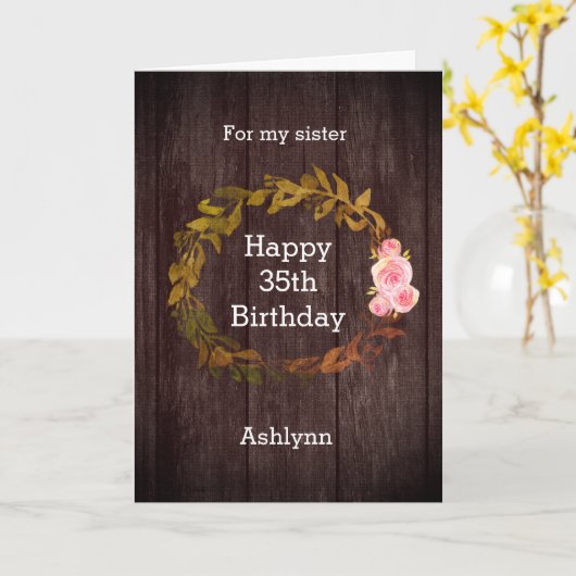 Waterverf van hout Rustic en Floral 35th Birthday Kaart (Gele Bloem)