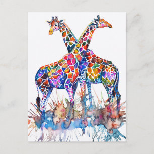 Waterverf van kleurrijke regenboogGiraffes Briefkaart