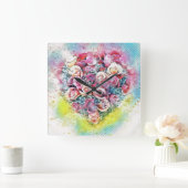 Waterverf van kleurrijke Rozen Hart Vierkante Klok (Huis)