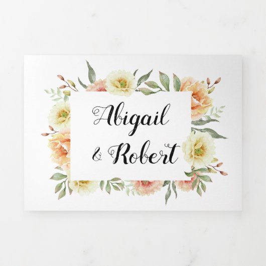 Waterverf van koraal en perziken bruiloft drieluik uitnodiging (Cover)