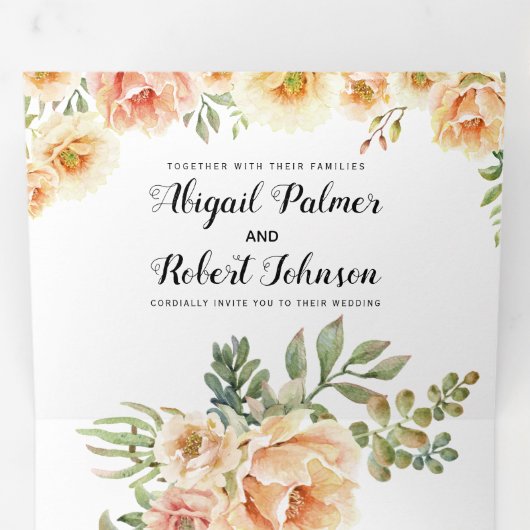 Waterverf van koraal en perziken bruiloft drieluik uitnodiging (Binnenzijde eerst)