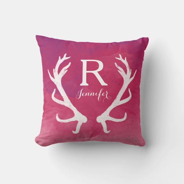Waterverf van Monogram Rustic Antlers Kussen (Voorkant)
