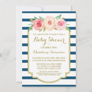 Waterverf van Navy Roze Floral Stripes Baby shower Kaart