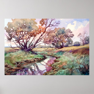 Waterverf van plattelandsrivieren poster