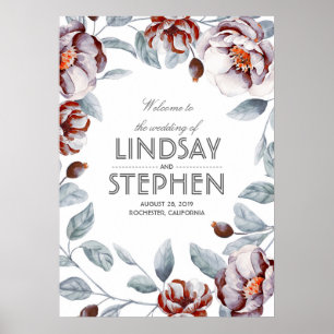 Waterverf van plum and Burgundy Flowers Wedding Si Poster