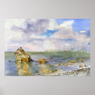 Waterverf van rotsachtige kust en zomerse wolken poster
