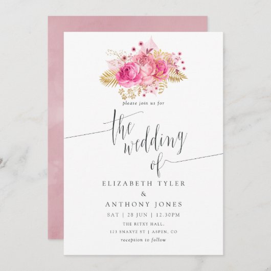 Waterverf van roze en gouden Rozen Kaart (Voorkant / Achterkant)