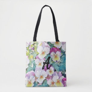 Waterverf van roze, gele, witte pansies Monogram Draagtas