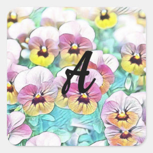 Waterverf van roze, gele, witte pansies Monogram Vierkante Sticker