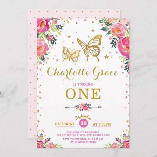 Waterverf van roze goudvlinder Floral Birthday Kaart (Voorkant / Achterkant)