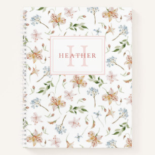 Waterverf van roze lente Floral Monogram Naam Notitieboek