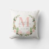 Waterverf van roze monogram Floral Wreath Nursery Kussen (Voorkant)