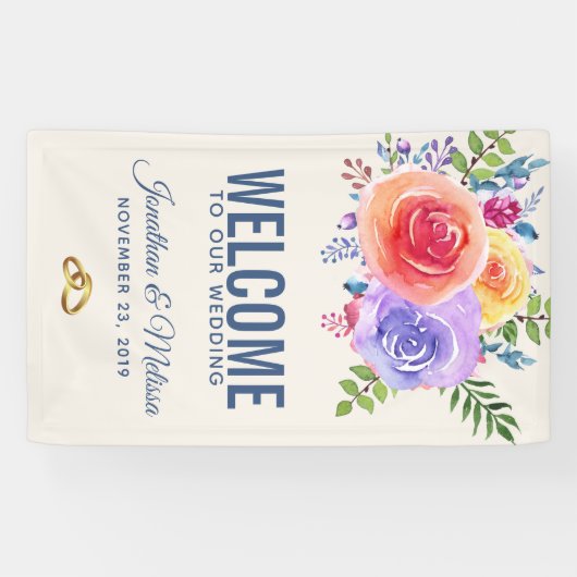 Waterverf van Rozen in kleur Floral Weddenschap We Spandoek (Horizontaal)