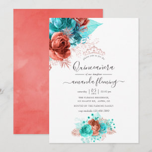 Waterverf van Turquoise en Coral Floral Quinceañer Kaart