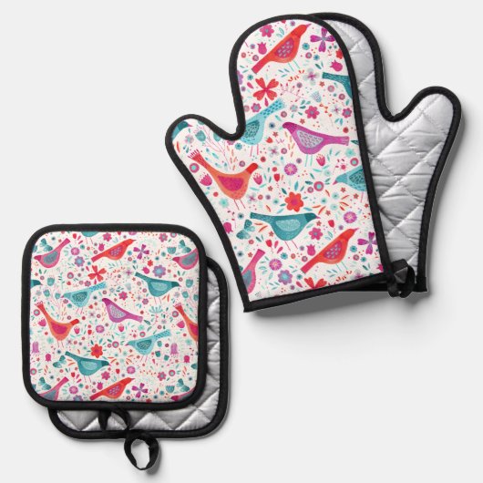 Waterverf van vogels en bloemen ovenwant & pannenlap set (Voorkant / Achterkant)