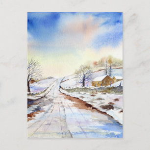 Waterverf van Wintery Lane Landscape Painting Briefkaart
