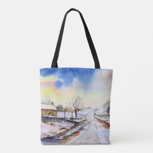 Waterverf van Wintery Lane Landscape Painting Draagtas
