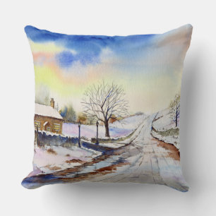 Waterverf van Wintery Lane Landscape Painting Kussen