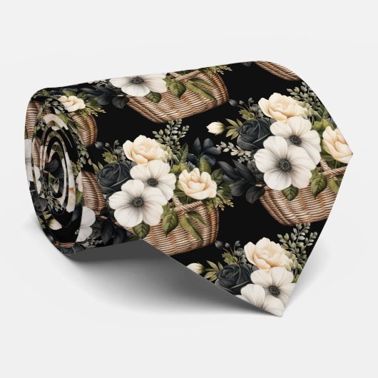 Waterverf van zwarte en witte Floral Stropdas (Opgerold)