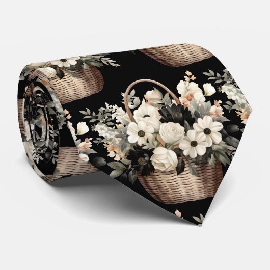 Waterverf van zwarte en witte Floral Stropdas (Opgerold)