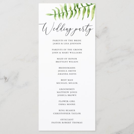 Waterverf varen. Woodland botanisch script bruilof Programma (Achterkant)