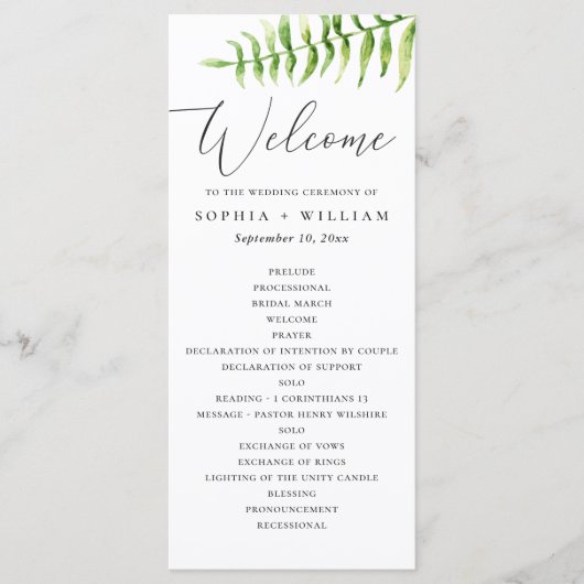 Waterverf varen. Woodland botanisch script bruilof Programma (Voorkant)