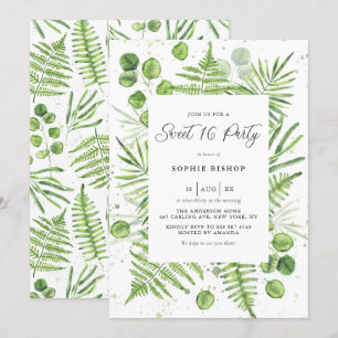 Waterverf Varens & Eucalyptus Lijst Sweet 16 Party Kaart