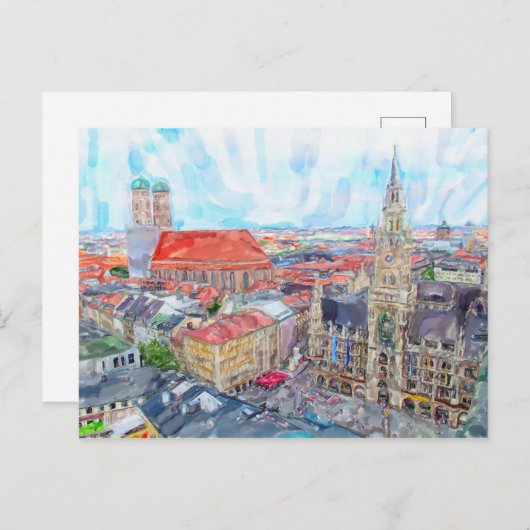 Waterverf verf München Marienplatz. Lucht. Briefkaart (Voorkant / Achterkant)