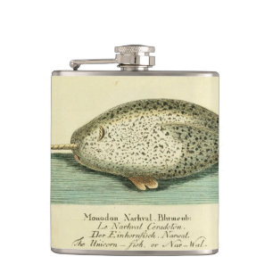 Waterverf verfschilderen van Narwhal Antiek walvis Heupfles