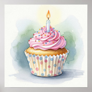 Waterverf Verjaardag Cupcake Print