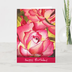 Waterverf verjaardagsbloem kunst van roze rozen kaart