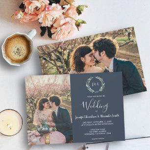 Waterverf verlaat monogram foto marineblauw Wedden Kaart