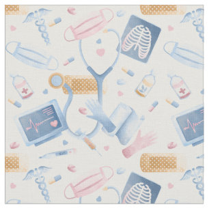 Waterverf Verpleegster Dr. Medical Collage Blue P Stof