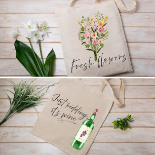 Waterverf Verse Bloemen & Wijn Grappig Tote Bag