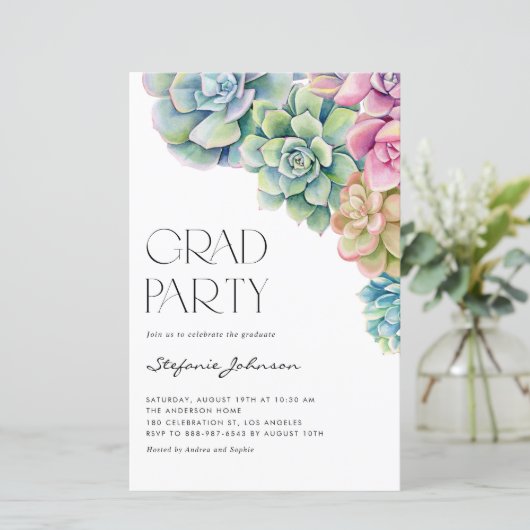Waterverf vetplanten Boho Afstuderen Invitation (Staand voorkant)