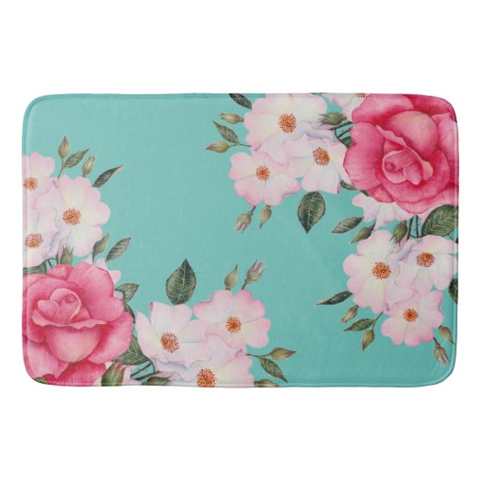 Waterverf Vibrant roze witte rozen Turquoise Terug Badmat (Voorkant)