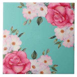 Waterverf Vibrant roze witte rozen Turquoise Terug Tegeltje