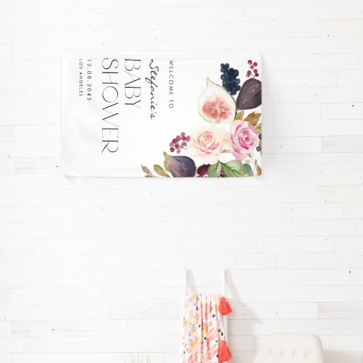Waterverf Vijgen en Berry Floral Baby shower Spandoek (Insitu)