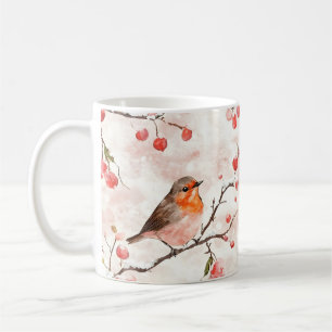 Waterverf vink in een besneeuwde winterboom en bes koffiemok